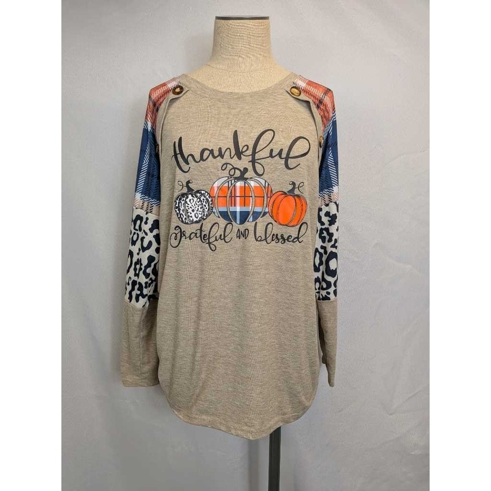 Thankful Grateful Blessed Pumpkin Plaid Leopard Long Sleeve Women's Top L